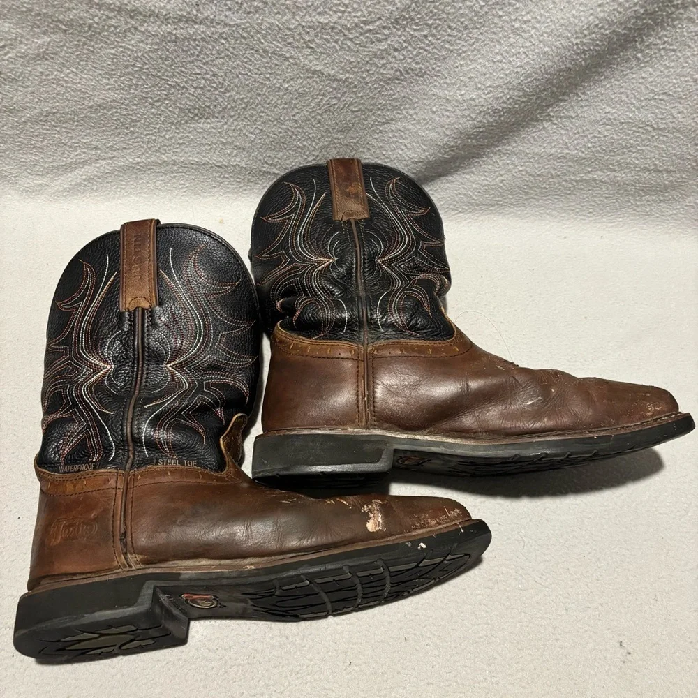 Justin Mens Brown Black Steel Toe Waterproof Boots Size 9.5D ASTM F2413-18